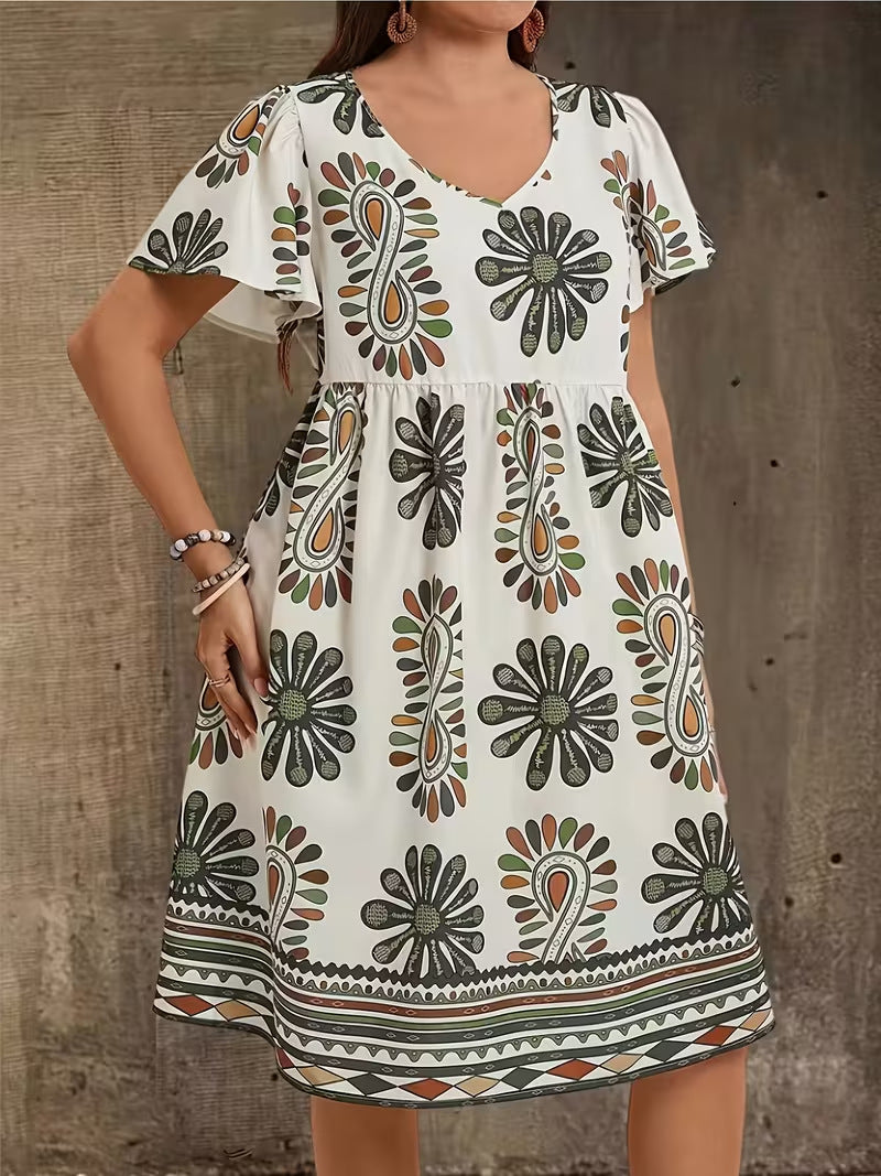 Medallion Floral Print Flutter Sleeve Shift Dress - view 1