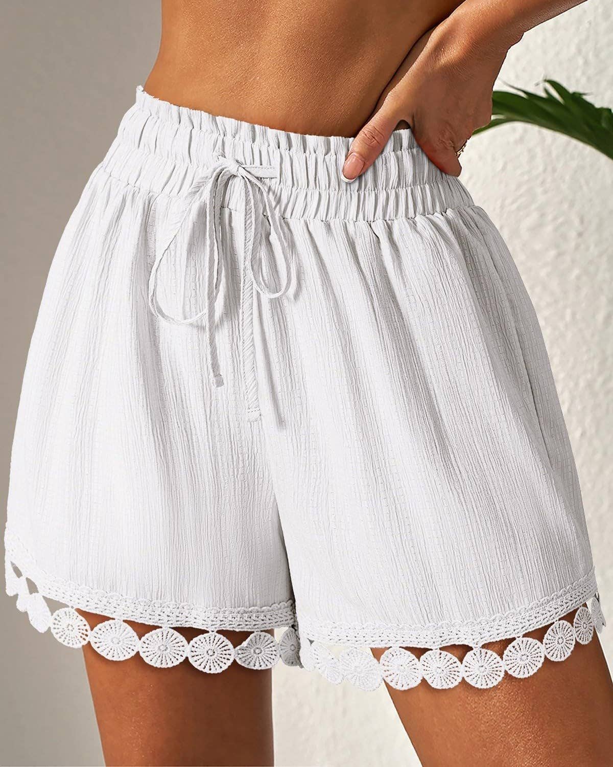 High Waist Crinkle Shorts With Scalloped Lace Trim