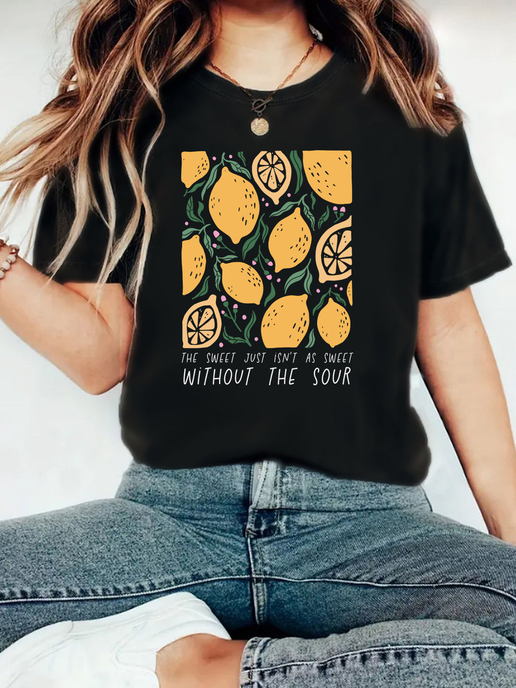 Lemon Print Boxy Crop Graphic Tee - Black