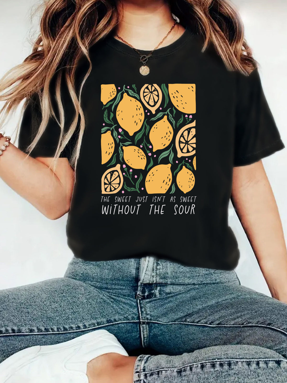 Lemon Print Boxy Crop Graphic Tee - Black