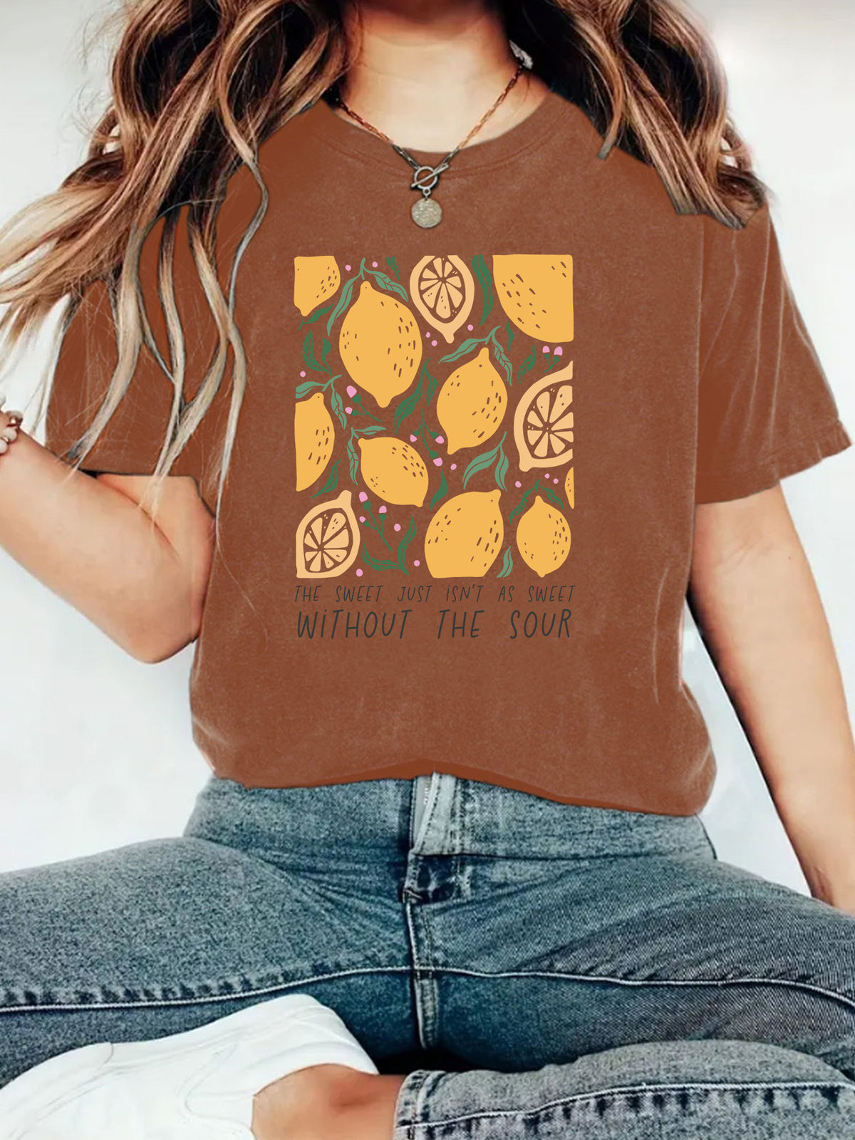 Lemon Print Boxy Crop Graphic Tee - Brown