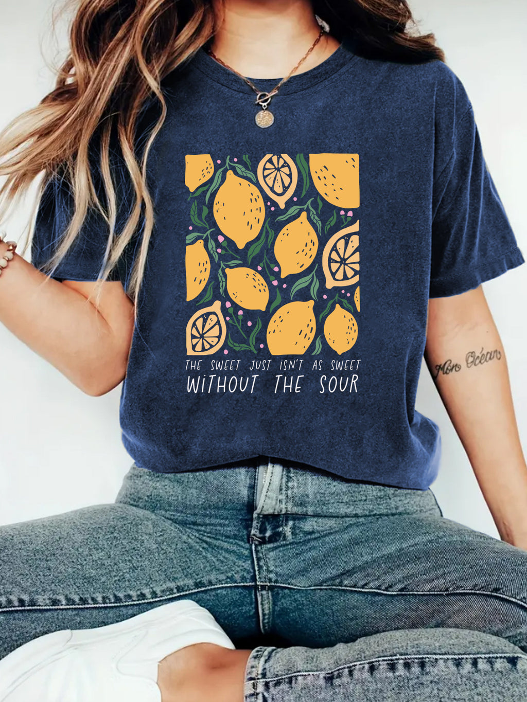Lemon Print Boxy Crop Graphic Tee - DarkBlue