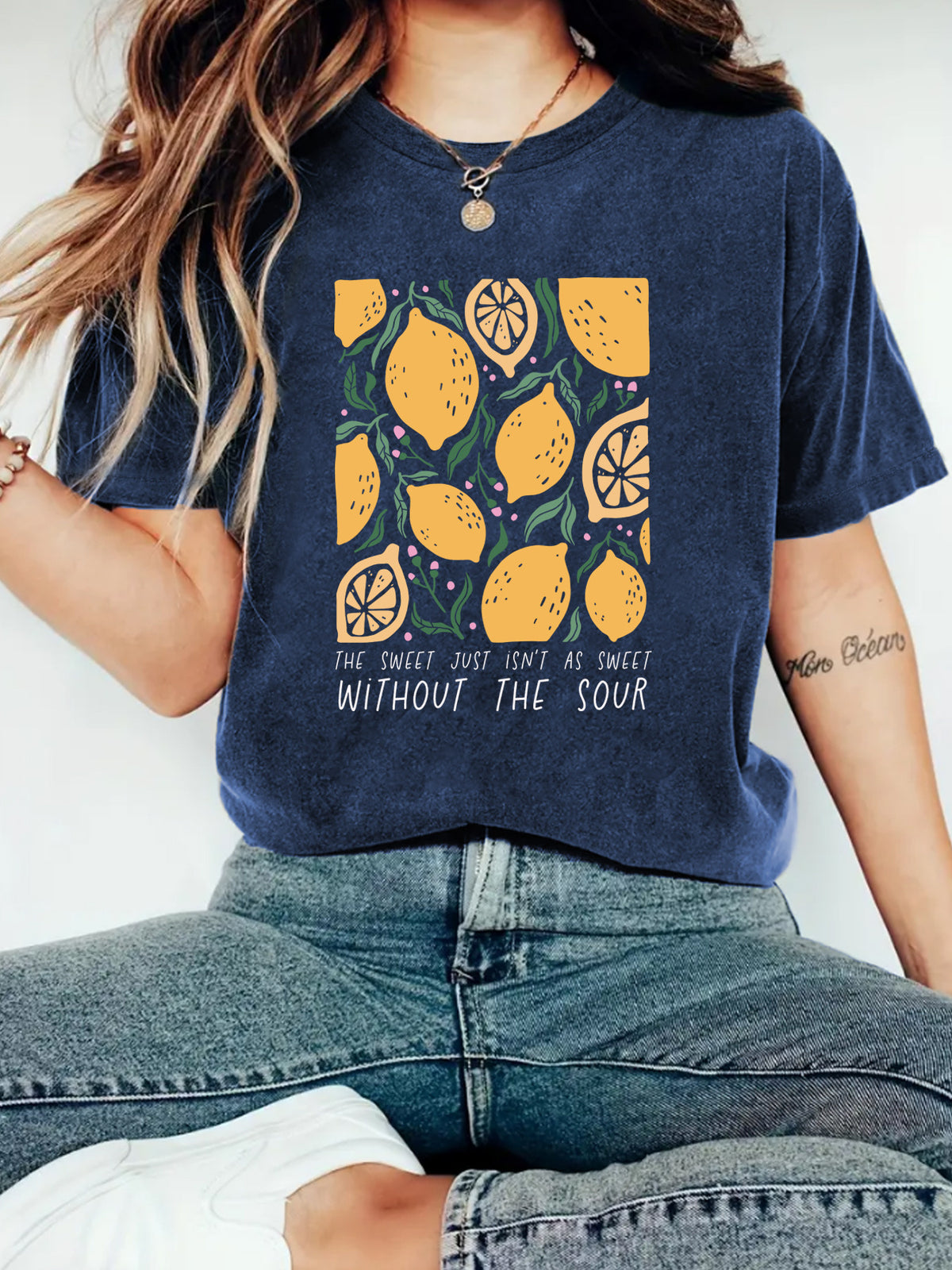 Lemon Print Boxy Crop Graphic Tee - DarkBlue