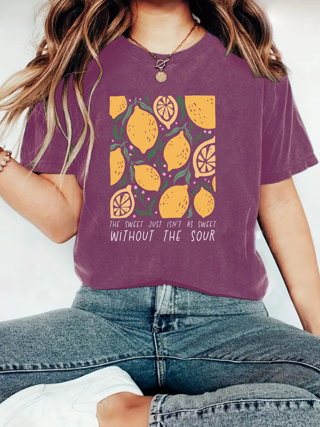 Lemon Print Boxy Crop Graphic Tee - Purple