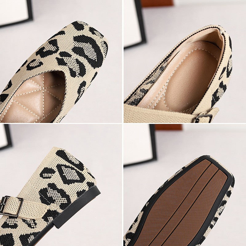 Leopard Knit Square Toe Mary Jane Flats