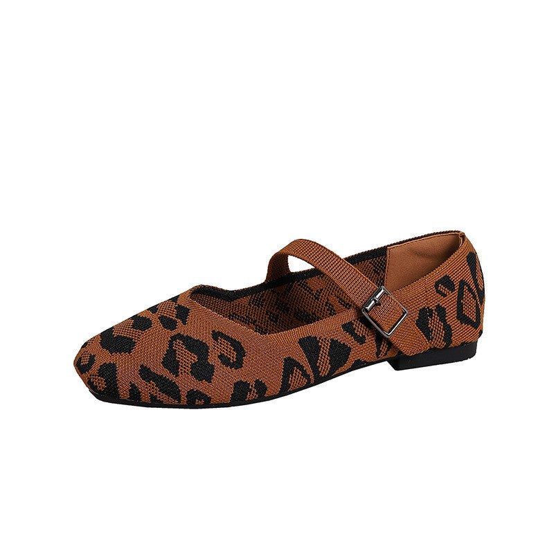 Leopard Knit Square Toe Mary Jane Flats