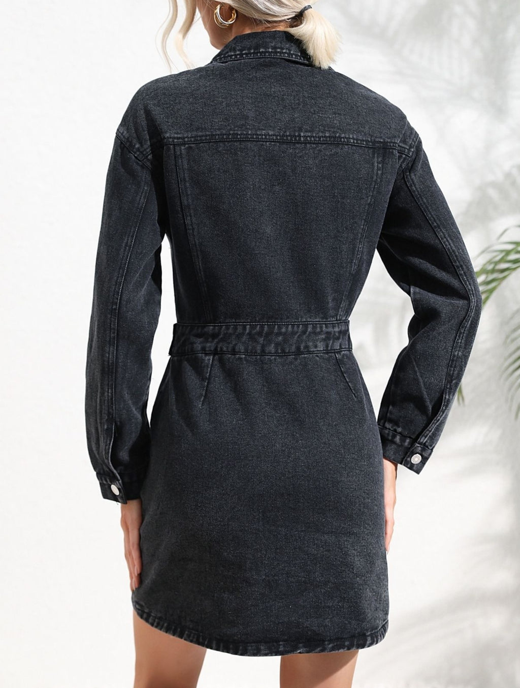 Collared Button Front Denim Mini Shirt Dress - DarkGrey - 1