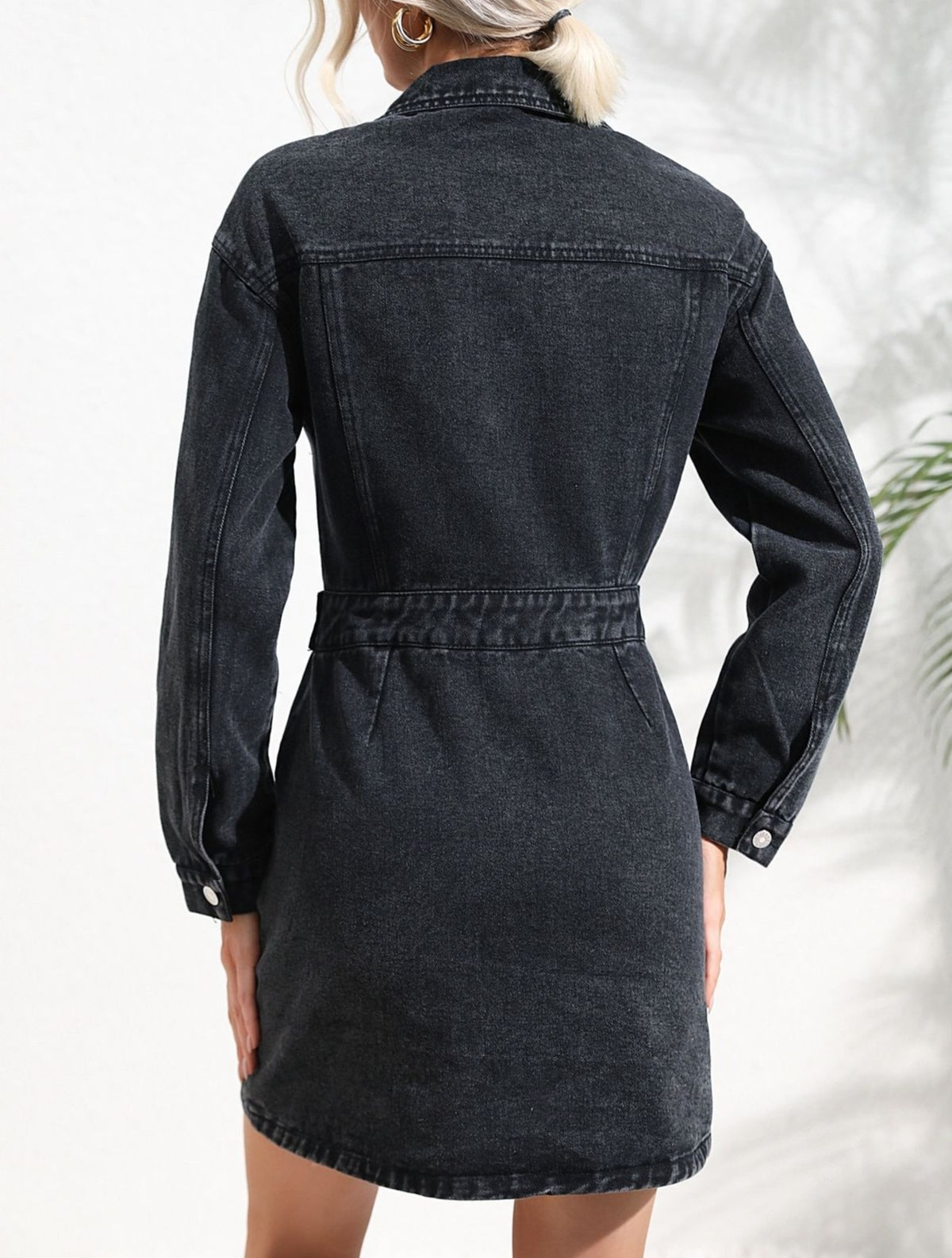 Collared Button Front Denim Mini Shirt Dress - DarkGrey - 1