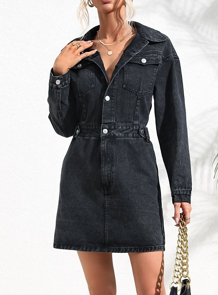 Collared Button Front Denim Mini Shirt Dress - DarkGrey - 2