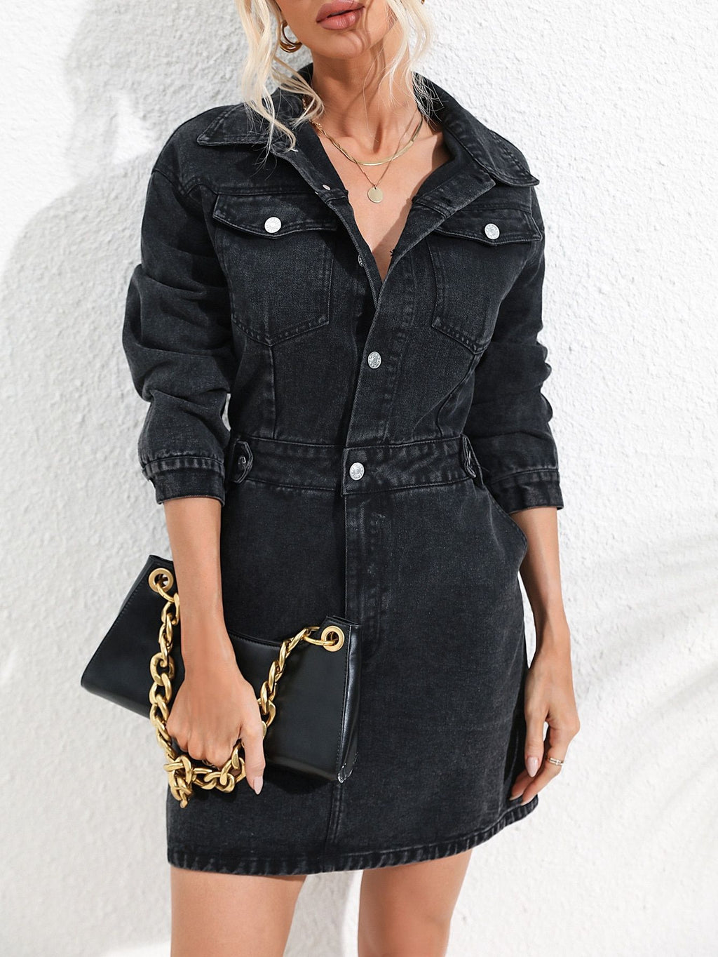 Collared Button Front Denim Mini Shirt Dress - DarkGrey - 4