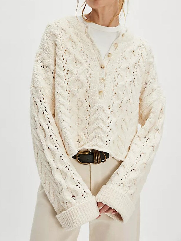 Openwork Cable Knit Henley Pullover Sweater - Apricot