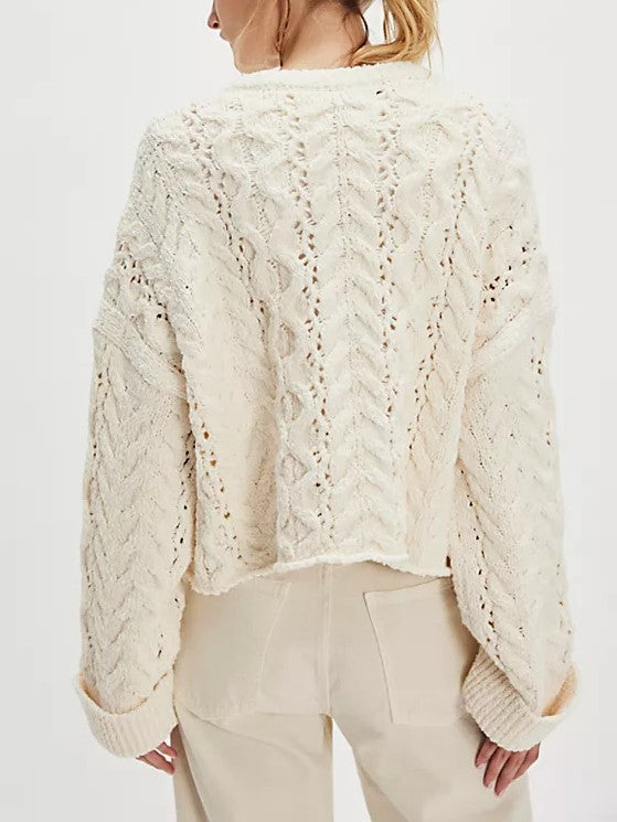 Openwork Cable Knit Henley Pullover Sweater - Apricot - 1