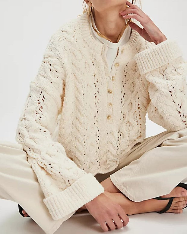 Openwork Cable Knit Henley Pullover Sweater - Apricot - 2