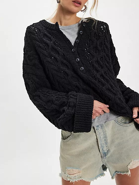 Openwork Cable Knit Henley Pullover Sweater - Black