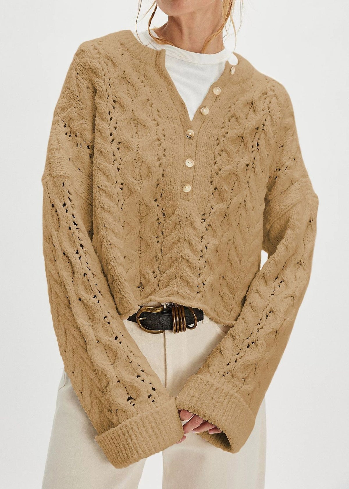 Openwork Cable Knit Henley Pullover Sweater - Khaki