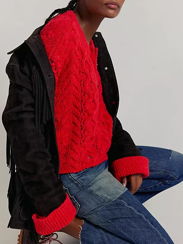 Openwork Cable Knit Henley Pullover Sweater - Red