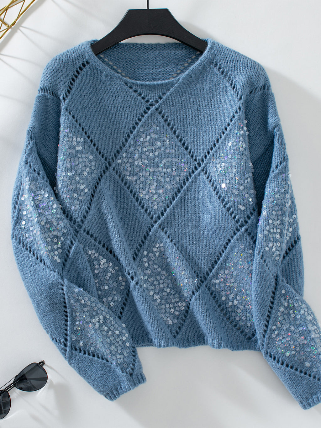 Sequin Argyle Pointelle Knit Sweater - Blue