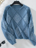 Sequin Argyle Pointelle Knit Sweater - Blue