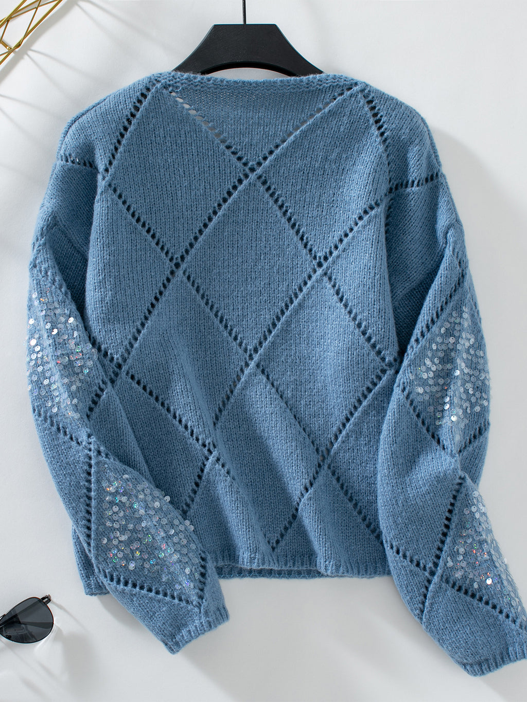 Sequin Argyle Pointelle Knit Sweater - Blue - 1