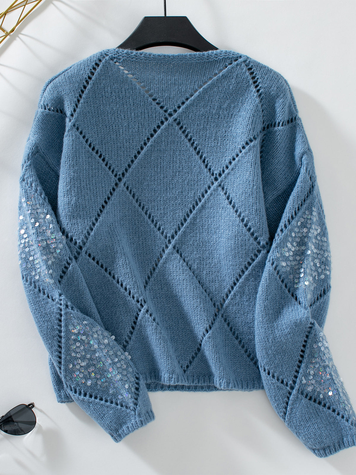 Sequin Argyle Pointelle Knit Sweater - Blue - 1