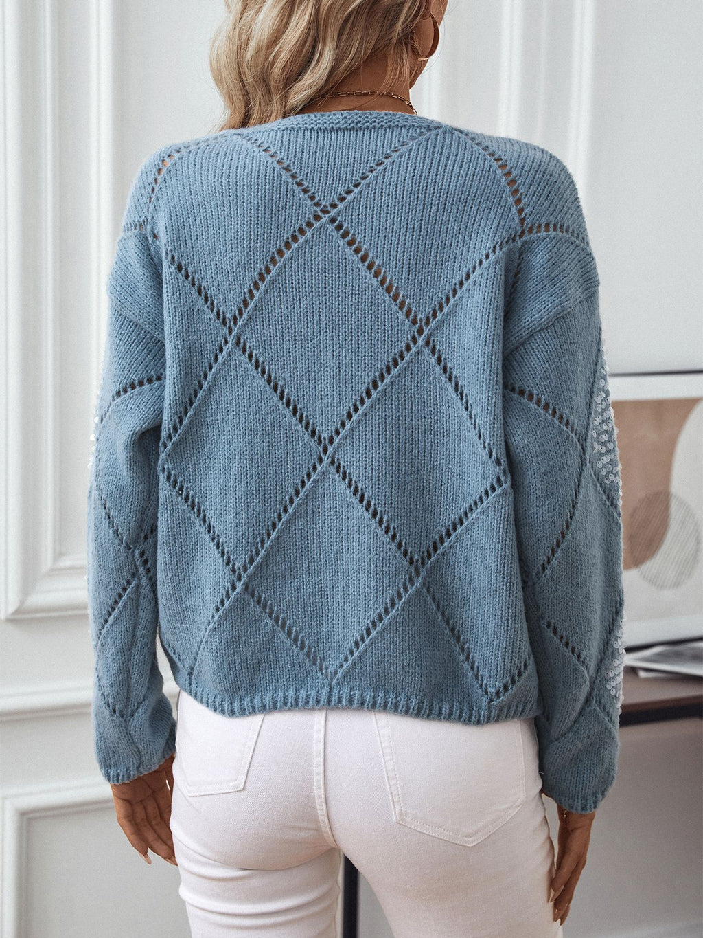 Sequin Argyle Pointelle Knit Sweater - Blue - 4