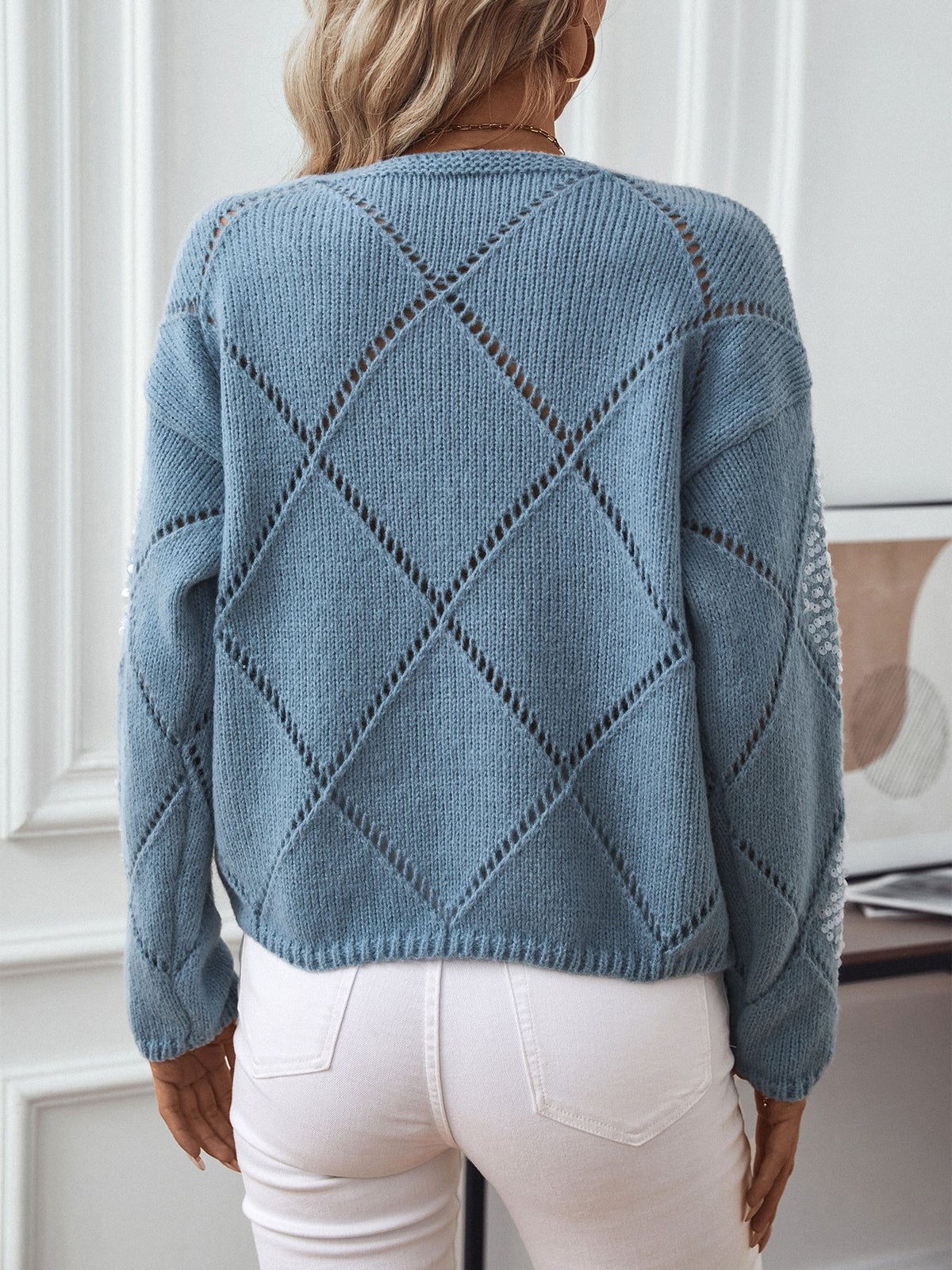 Sequin Argyle Pointelle Knit Sweater - Blue - 4