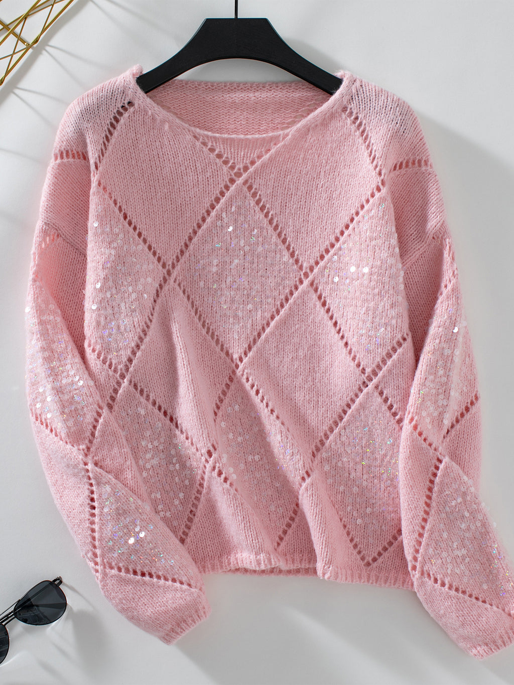 Sequin Argyle Pointelle Knit Sweater - Pink