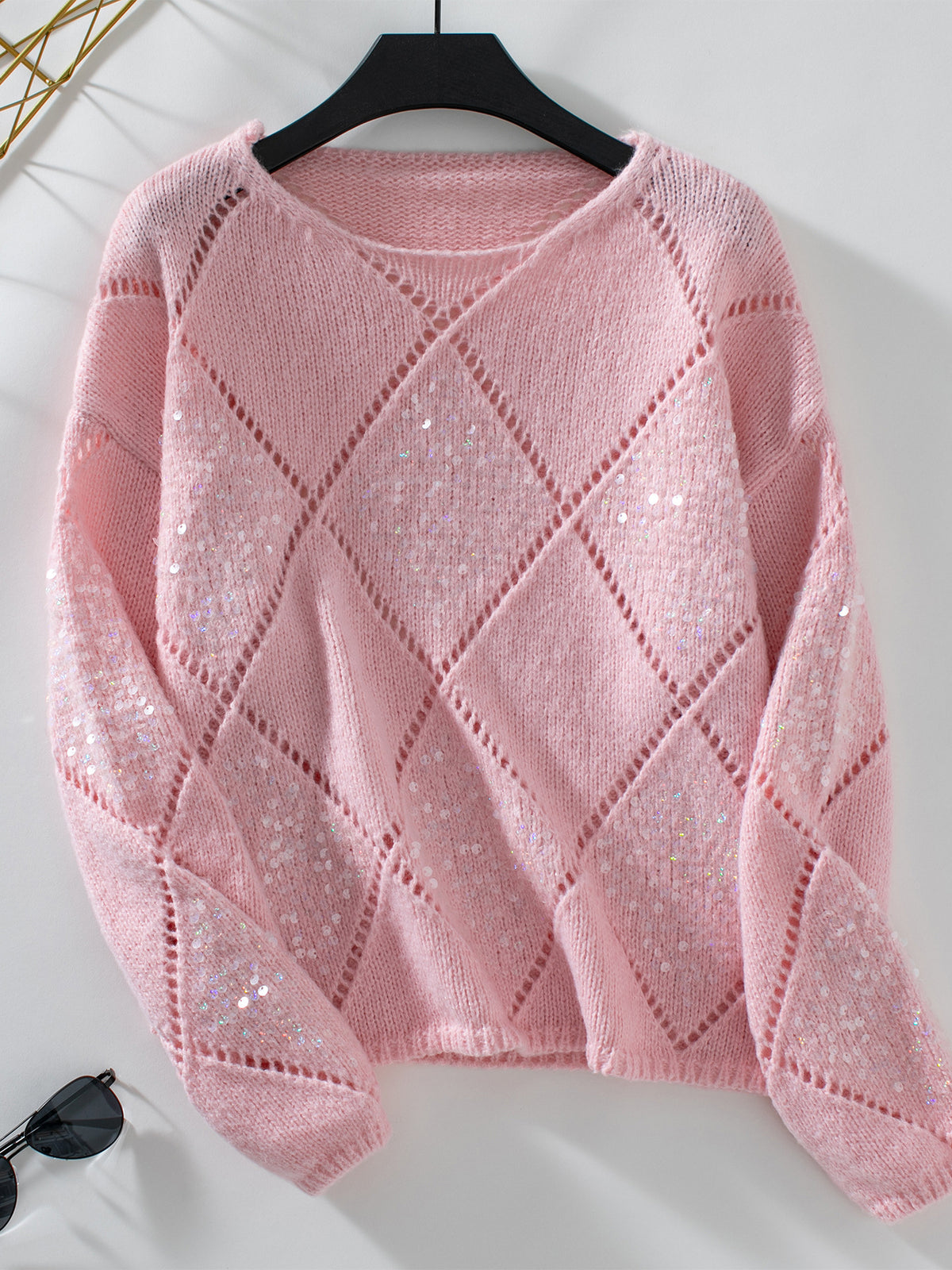 Sequin Argyle Pointelle Knit Sweater - Pink