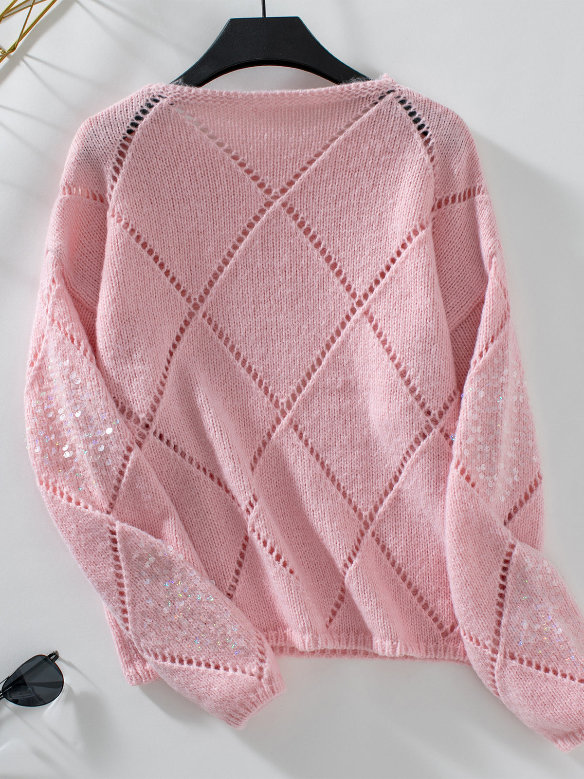 Sequin Argyle Pointelle Knit Sweater - Pink - 1