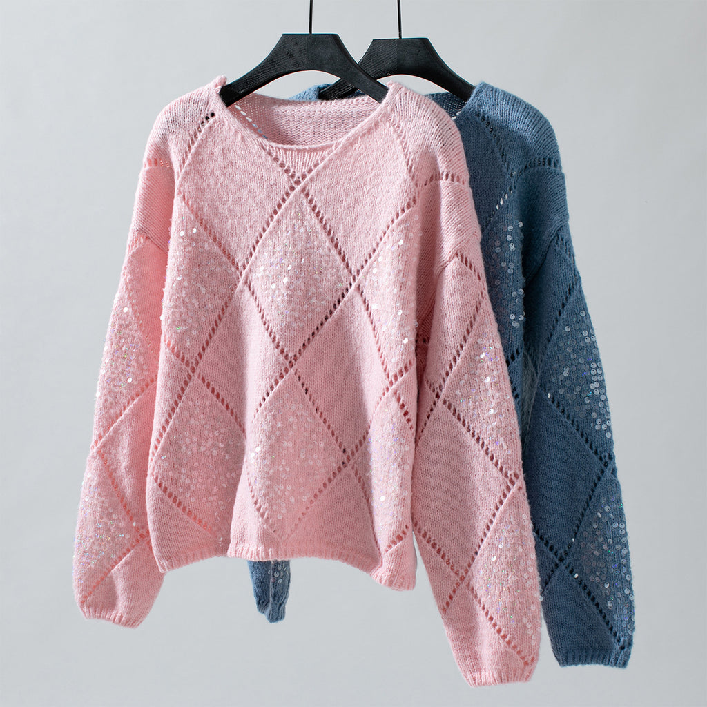 Sequin Argyle Pointelle Knit Sweater - Pink - 2