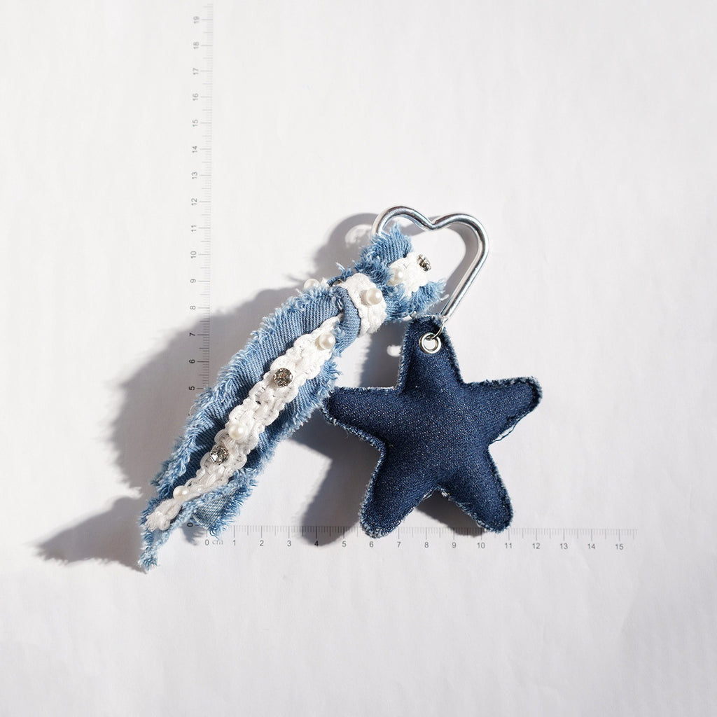 Frayed Denim Heart and Star Keychain - NO-2