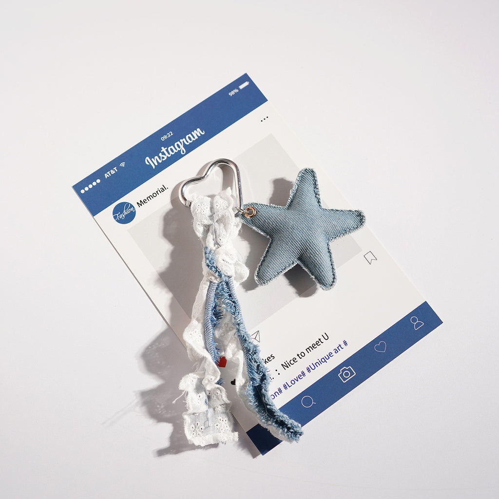 Frayed Denim Heart and Star Keychain - NO-4