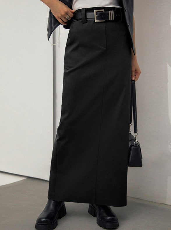 High Waisted Straight Maxi Skirt With Pockets - Black