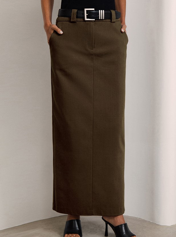 High Waisted Straight Maxi Skirt With Pockets - Brown