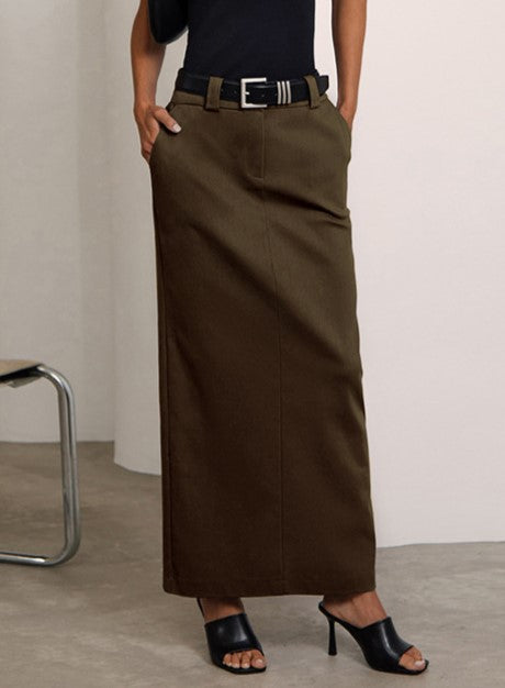 High Waisted Straight Maxi Skirt With Pockets - Brown - 1