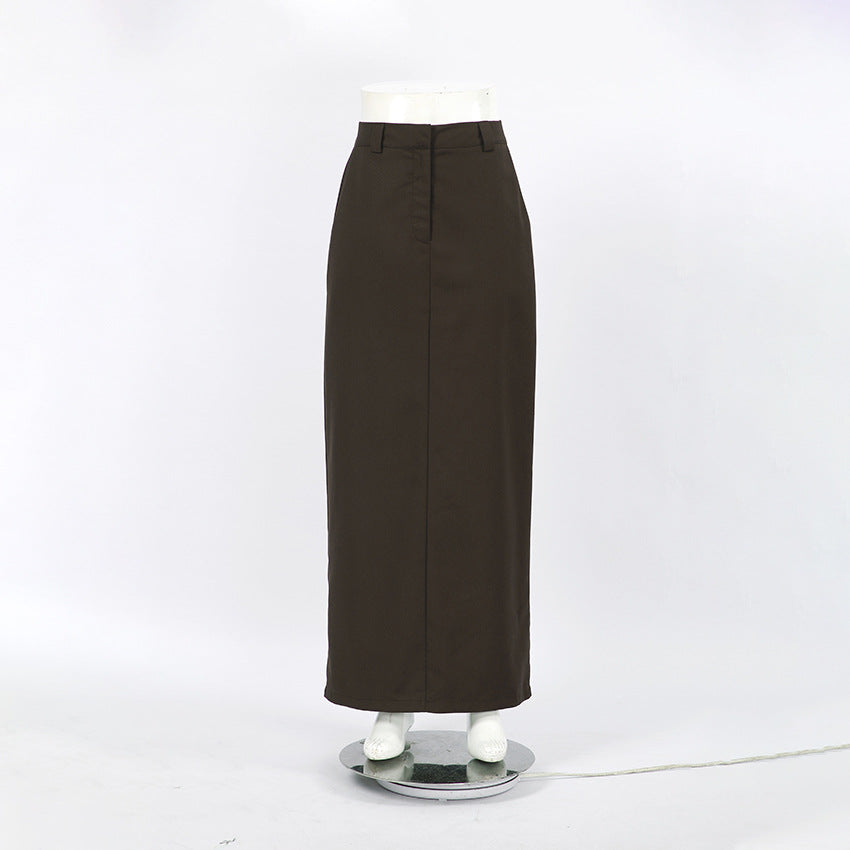 High Waisted Straight Maxi Skirt With Pockets - Brown - 3