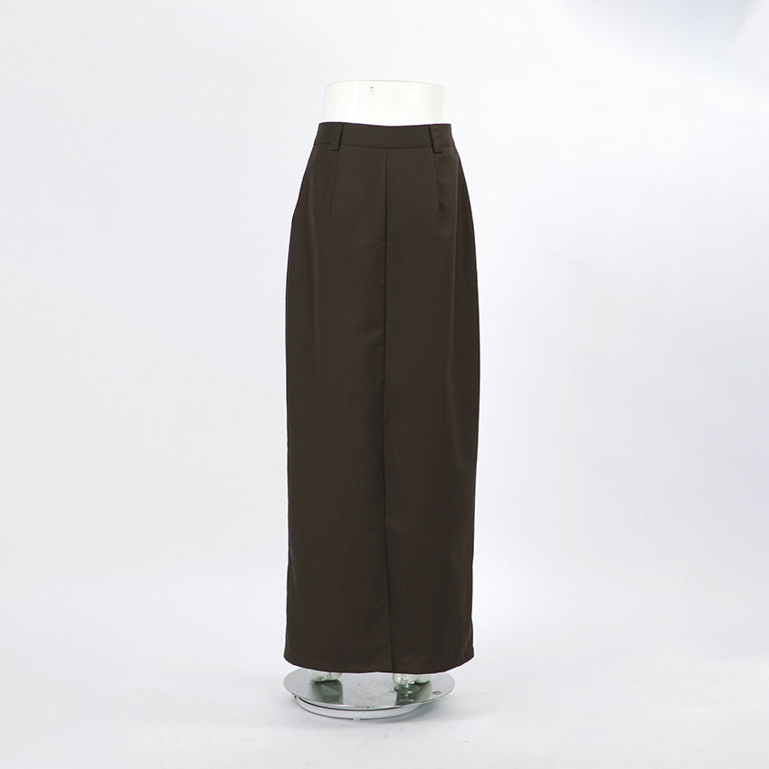High Waisted Straight Maxi Skirt With Pockets - Brown - 4