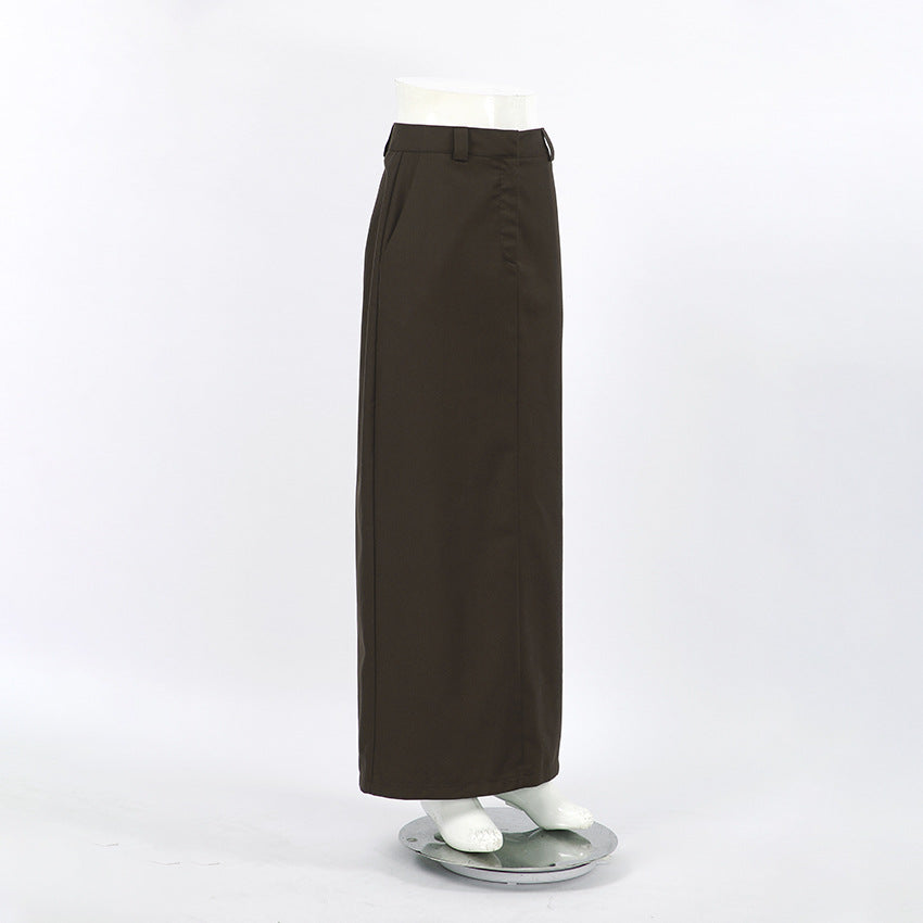 High Waisted Straight Maxi Skirt With Pockets - Brown - 5