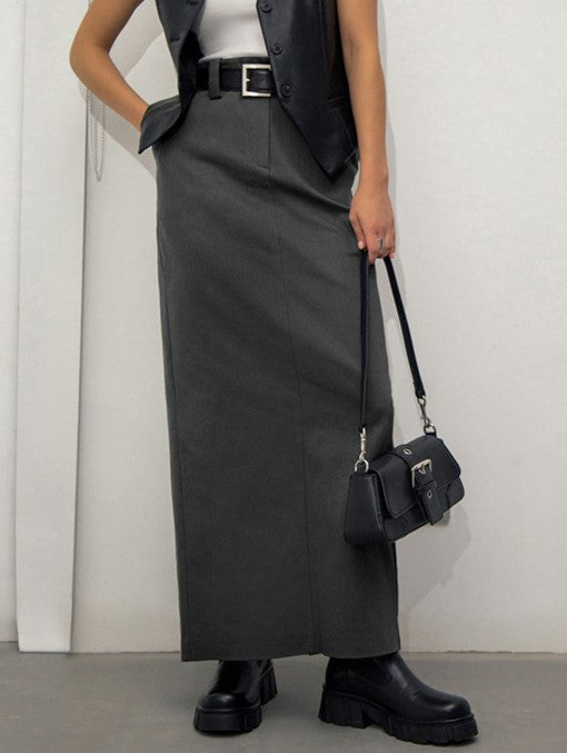 High Waisted Straight Maxi Skirt With Pockets - Grey - 1