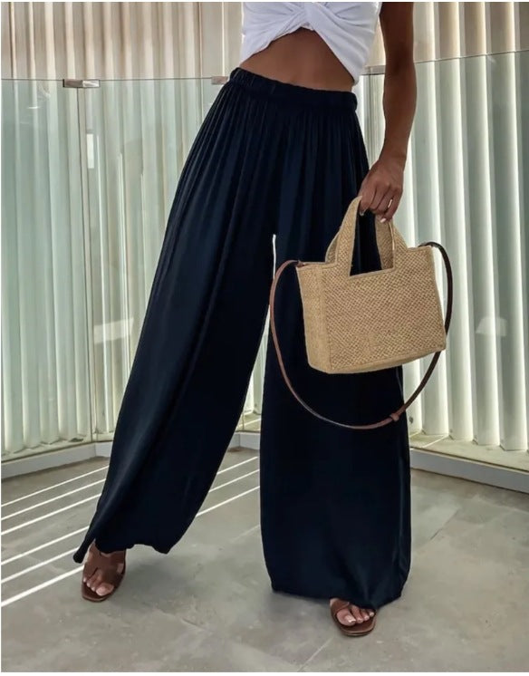Flowy High Waist Palazzo Wide Leg Pants - Black