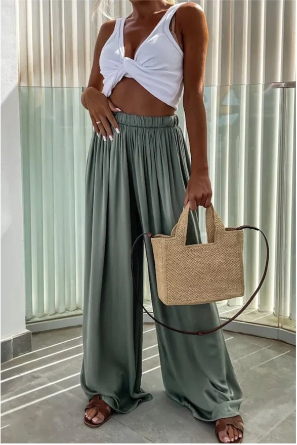 Flowy High Waist Palazzo Wide Leg Pants - Green