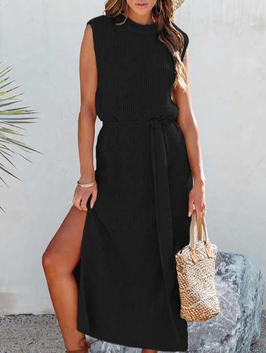Belted Sleeveless Knit Midi Dress - Black