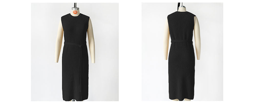 Belted Sleeveless Knit Midi Dress - Black - 4