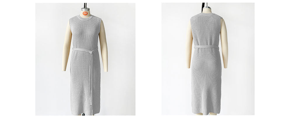 Belted Sleeveless Knit Midi Dress - Grey - 3