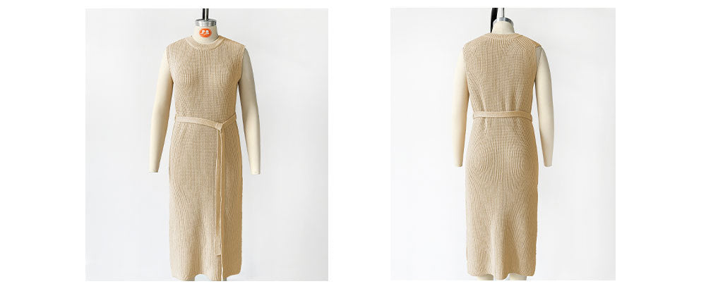 Belted Sleeveless Knit Midi Dress - Khaki - 1