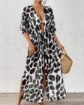Spotted Print Tie Waist Beach Cardigan - Black