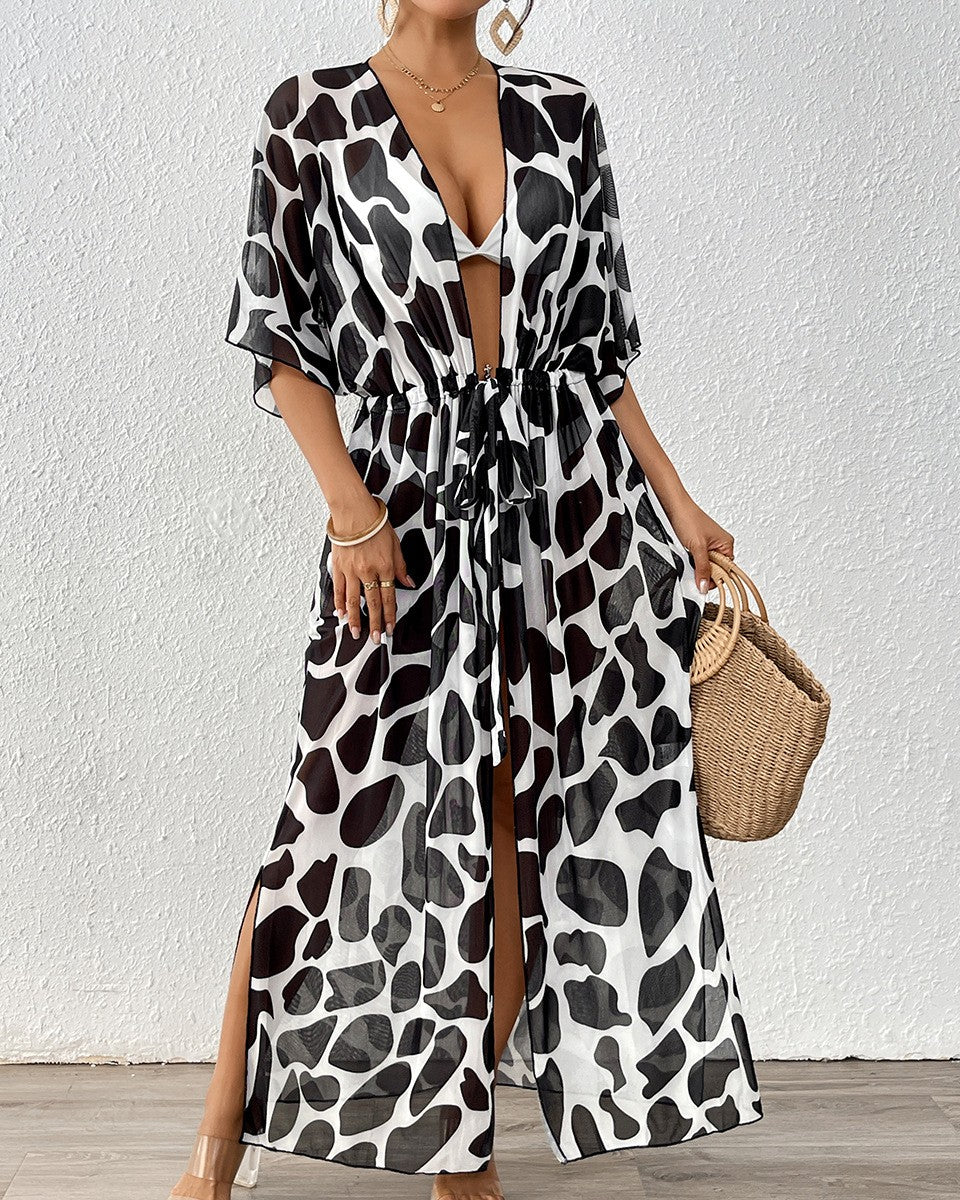Spotted Print Tie Waist Beach Cardigan - Black