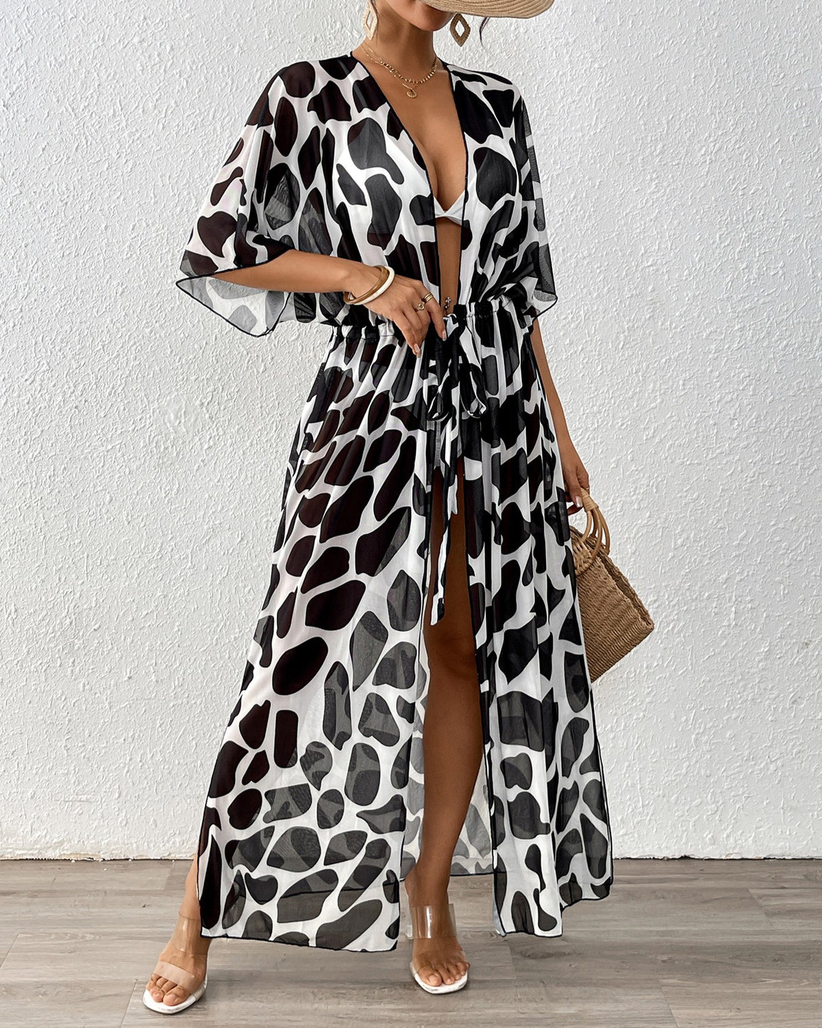 Spotted Print Tie Waist Beach Cardigan - Black - 1