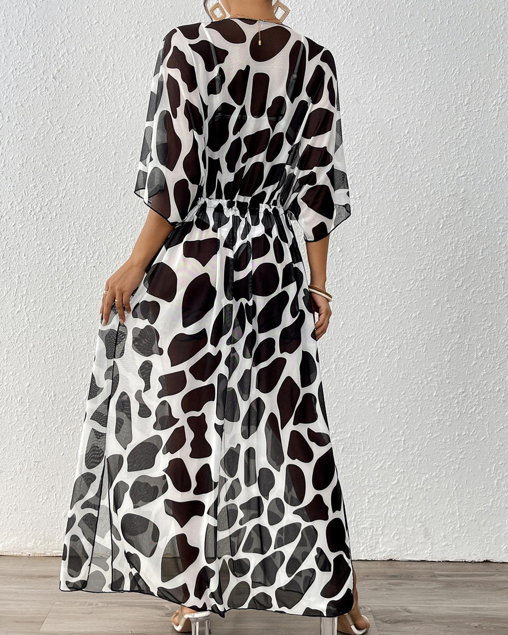Spotted Print Tie Waist Beach Cardigan - Black - 3