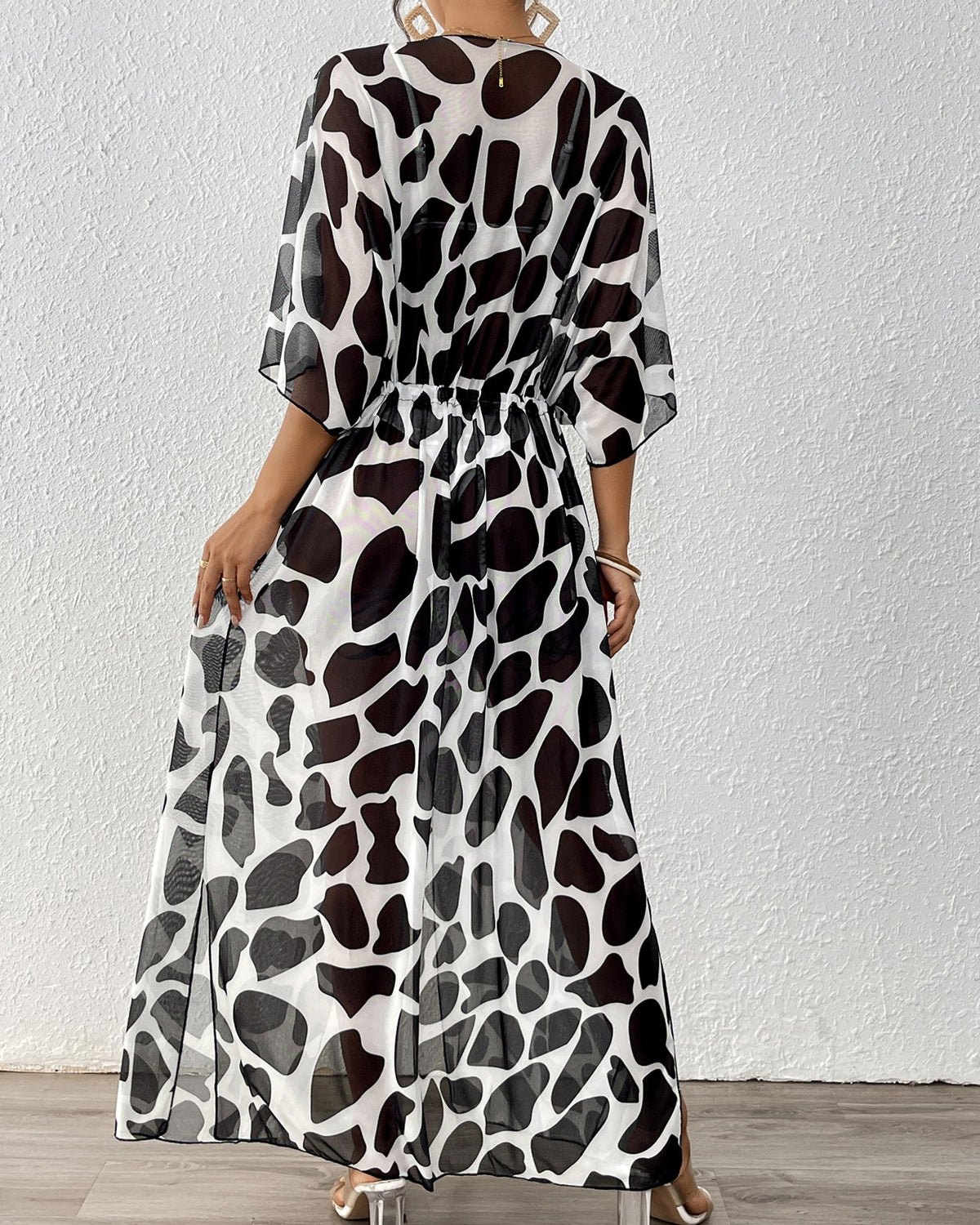 Spotted Print Tie Waist Beach Cardigan - Black - 3